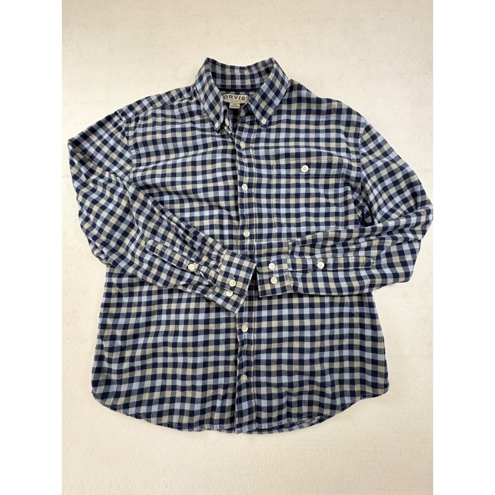 Orvis Mens Blue Grey Gingham Check Button Down Shirt Long Sleeve Size Medium
